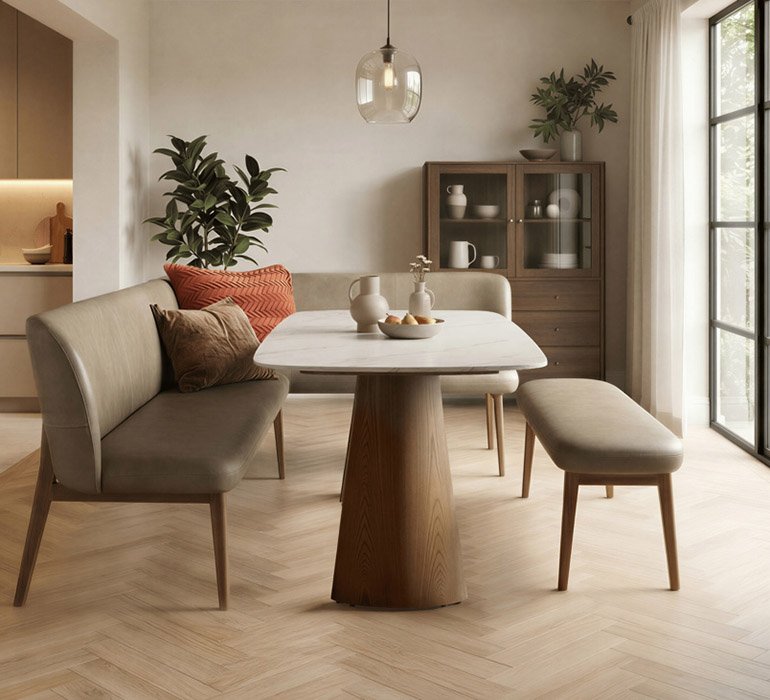 <p>The Lusso is made of a refined combination of natural materials, featuring a matt sintered stone table top paired with beautifully crafted mid-tone ash legs. Designed beautifully with the Spencer Corner Bench</p>
